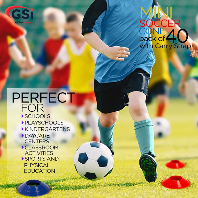 [Australia - AusPower] - GSI Mini Soccer Cones (Pack of 40) - Small Disc Cone for Agility Drills Training Practice Football Soccer Athletics Field Markers with Shoulder Strap 