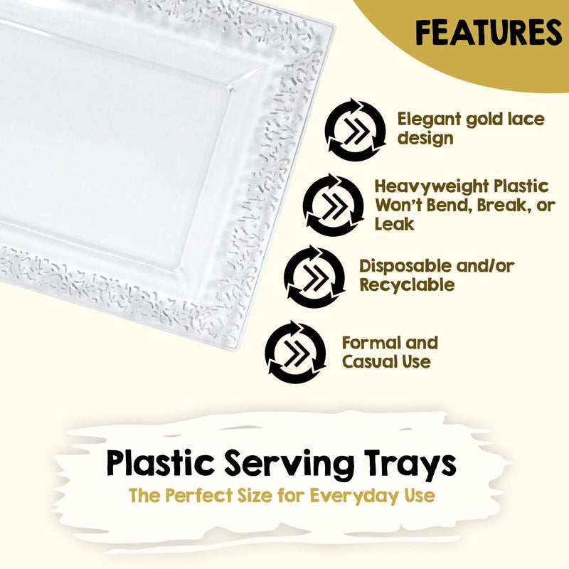 [Australia - AusPower] - 4 (pk) Yumchikel 14" x 7.5" Clear Lace Rim Plastic Serving Trays & Platters | Heavy Duty Disposable Decorative Dessert Tray - Party Platters for Upscale Parties Weddings Brand: Yumchikel 