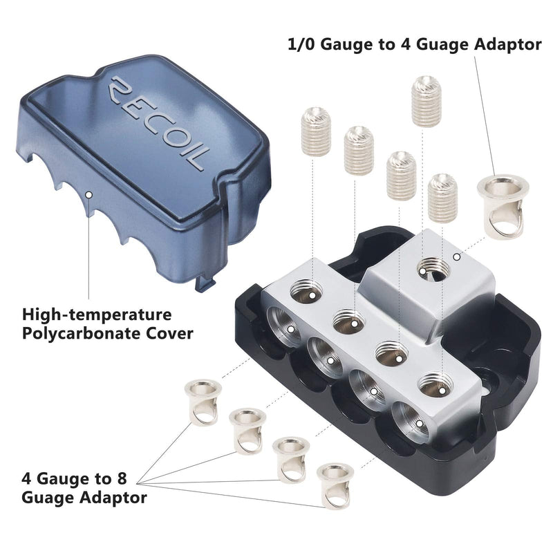 [Australia - AusPower] - RECOIL DB14 4 Way Power Distribution Block, 1 X 0/2/4 Gauge in / 4 X 4/8 Gauge Out Power Distribution Ground Distributor Block for Car Audio Amplifier Splitter (1PCS) 4 Way Power Distribution Block 1PCS 