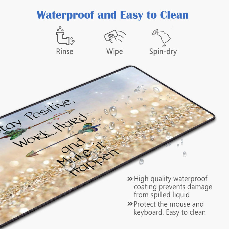 [Australia - AusPower] - Desk Pad Mat Gaming Mouse Pads with Coasters, 31.5" ×11.8" Large Non-Slip Rubber Base Mousepad with Stitched Edges for Office & Home (Stay Positive Work Hard and Make It Happen Inspirational Quote) 