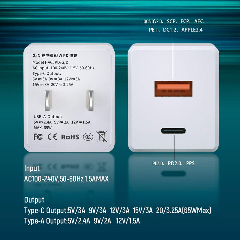 [Australia - AusPower] - USB C Charger [GaN Tech] 65W Dual Port PD Wall Charger with 5ft USB C Cable for MacBook, USB C Laptops, iPad Pro, iPhone12, Galaxy, Pixel and More (White) White 