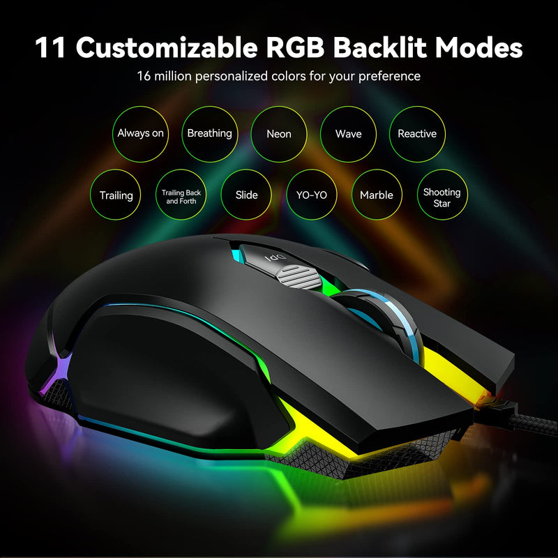 [Australia - AusPower] - TECKNET Wired Gaming Mouse, PC Gaming Mice, 16000 DPI Adjustable, 9 Programmable Modes with 7 Buttons, RGB Backlit Ergonomic Computer Mouse for Laptop Windows/PC/Mac/ Gamer - Black 