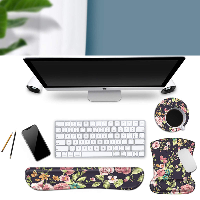 [Australia - AusPower] - Keyboard Wrist Rest Pad and Mouse Wrist Rest Support Pad Set,Ergonomic Mouse Pads with Memory Foam for Easy Typing Pain Relief +Cute Cup Coaster,Little Flowers … Little Flowers … 