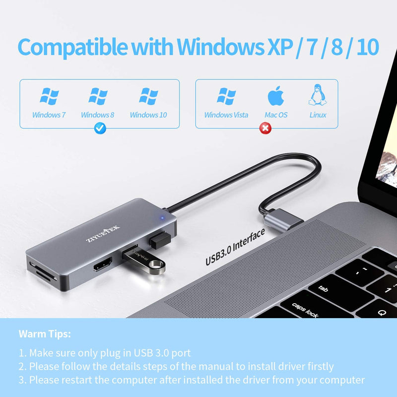 [Australia - AusPower] - USB to HDMI Adapter, 5-in-1 USB hub 3.0 with HDMI 1080p for Extended Monitor PC Laptop Desktop, 2 USB Ports, SD and Micro SD Card Reader[for Windows Series Laptop PC only] USB3.0 