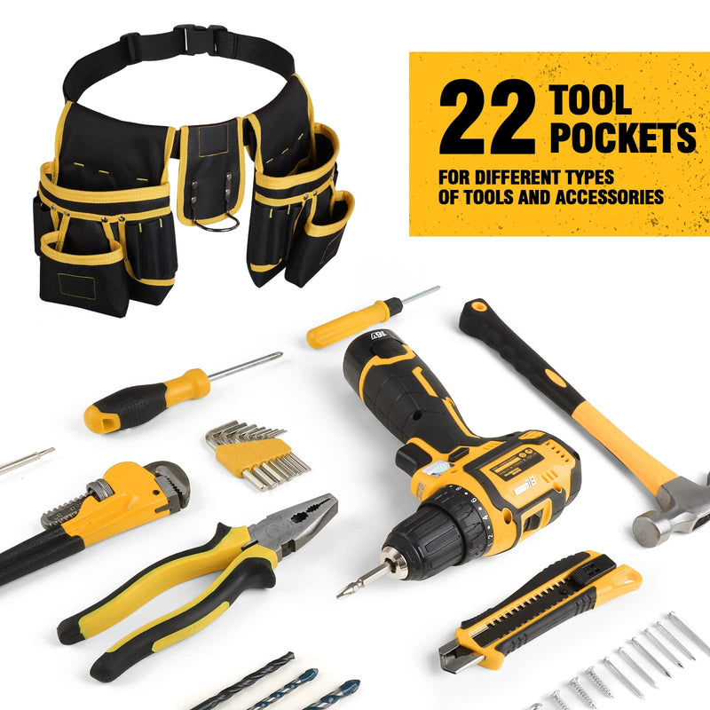 [Australia - AusPower] - Tool Belt, UUP 22 Pocket Tool Belts for Men Black and Yellow Heavy Duty Tool Pouch Bag, Detachable & Adjustable Tool Bags for Carpenter, Electrician, Woodworker, Construction, Father Day Gifts for Dad 