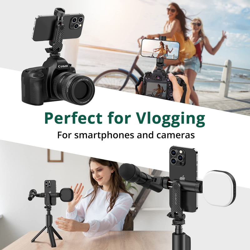 [Australia - AusPower] - ATUMTEK Phone Tripod Mount, Universal Smartphone Mount Adapter with 2 Cold Shoe and 1/4" Standard Screw, 360° Rotates and 180° Tilts Adjustable Cell Phone Clamp Holder for Perfect Mobile Photography Black 