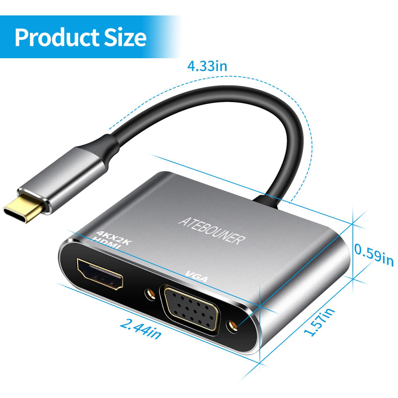 [Australia - AusPower] - USB C to HDMI VGA Adapter,ATEBOUNER 2 in 1 Gold Plated USB Type C Thunderbolt 3 to VGA HDMI Adapter 4K UHD Converter for MacBook Pro 2020/2019/2018/Dell XPS 13/Samsung S8/S9/Huawei P20 and More 