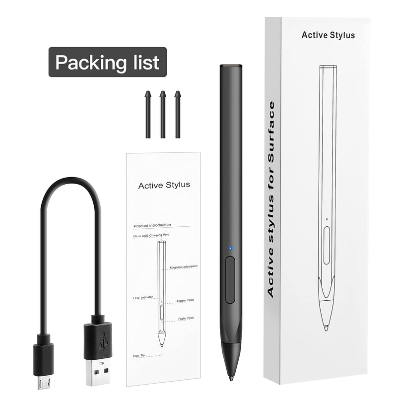 [Australia - AusPower] - Stylus with Palm Rejection, 4096 Pressure Sensitivity, Compatible with Surface Pro X/8/7+/7/6/5/4/3, Surface Book/Go/Laptop/Studio for Precise Writing/Drawing, Rechargeable (Black) Black 
