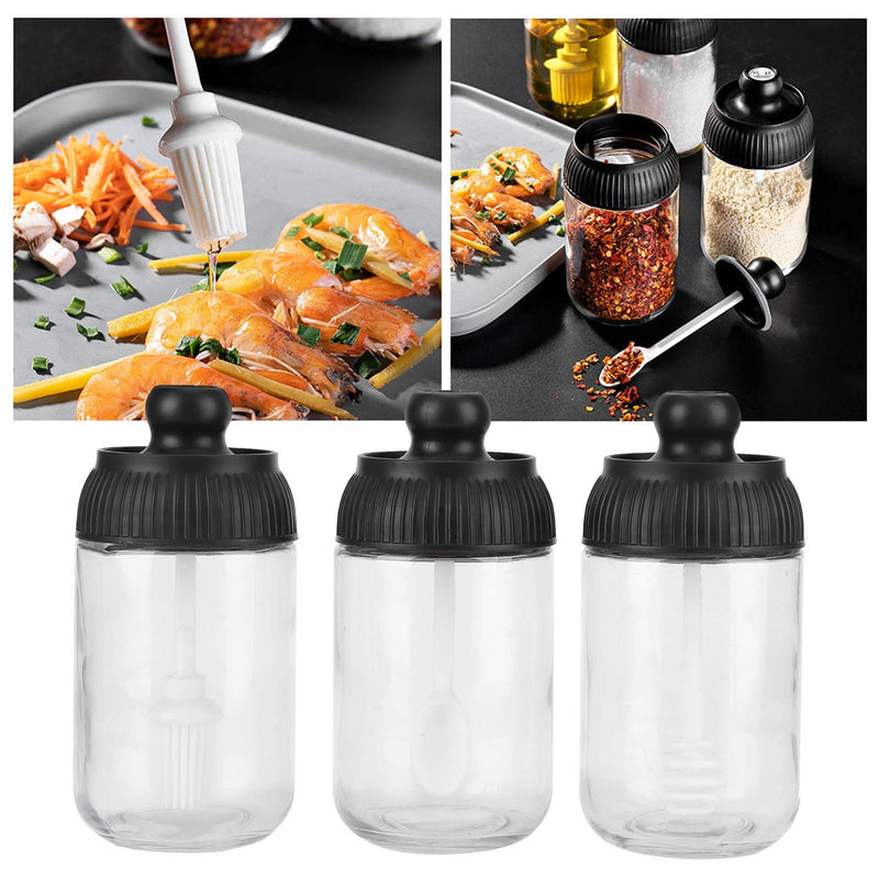 [Australia - AusPower] - Seasoning Box Glass Oil Salt Honey Jar Bottle Container Integrated Seasoning Pot Spoon with Removable Cover 