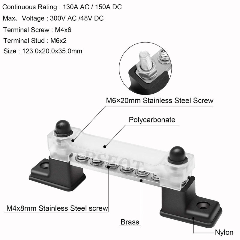 [Australia - AusPower] - PSEQT 6 Way Bus Bar Terminal Block with Cover & Connectors 150A Ground Power Distribution for Car Boat Trailer RV (1Pcs) 