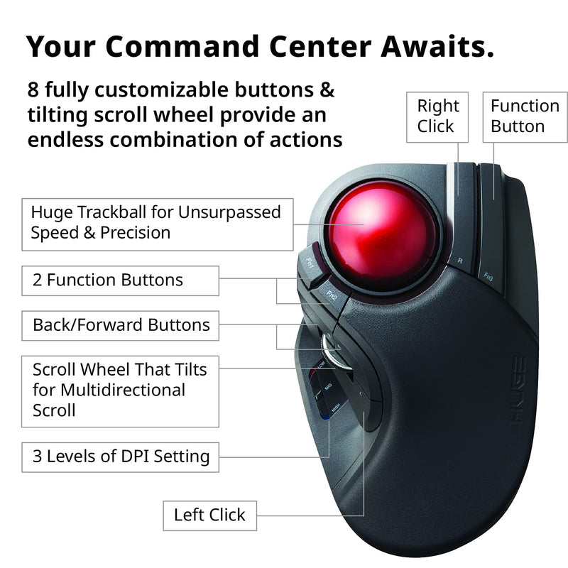 [Australia - AusPower] - ELECOM HUGE Trackball Mouse, 2.4GHz Wireless, Finger Control, 8-Button Function, Precision Optical Gaming Sensor, Palm Rest Attached, Smooth Red Ball, Windows11, macOS (M-HT1DRBK) Wireless Trackball Mouse 