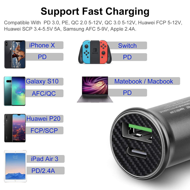 [Australia - AusPower] - USB C Car Charger Fast Charging Lighter: 30W PD & QC 3.0 Car Adapter - Dual Ports Block Compatible for iPhone, i-Pad, Sam-Sung Galaxy S21, LG, Google Pixel, Moto & Type-C Devices (Grey) 