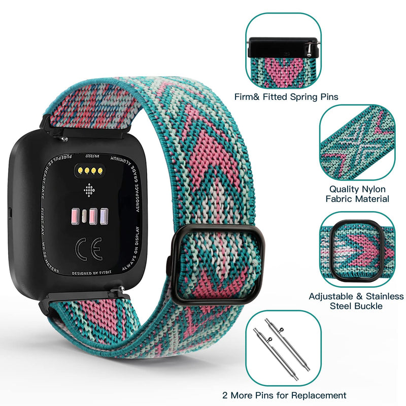 [Australia - AusPower] - Welltin 2 Pack Bands Compatible with Fitbit Versa / Fitbit Versa 2 / Fitbit Versa Lite for Women Men, Breathable Woven Fabric Strap, Adjustable Replacement Wristband for Fitbit Versa Smart Watch Black/Green Arrow One size 