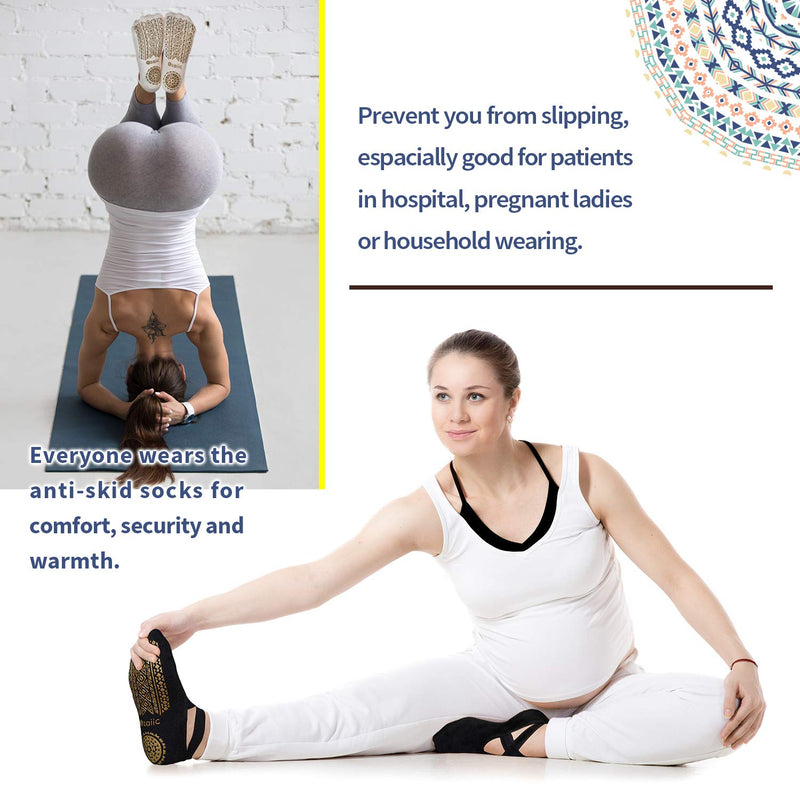 [Australia - AusPower] - Ozaiic Yoga Socks for Women Non-Slip Grips & Straps, Ideal for Pilates, Pure Barre, Ballet, Dance, Barefoot Workout 2 Pairs- Black/ Beige（1st Anniversary Edition） 