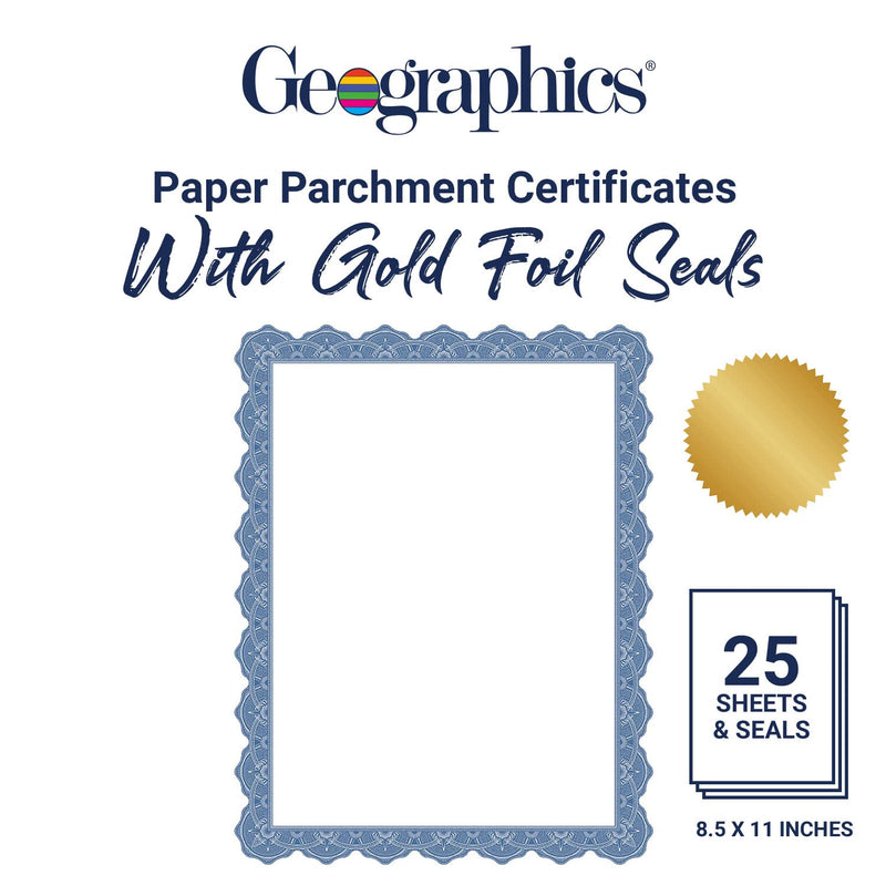[Australia - AusPower] - Geographics Optima Blue Blank Award Certificate Paper with Gold Foil Seals, 8.5 x 11", Seal 1.75" (Pack of 25) 
