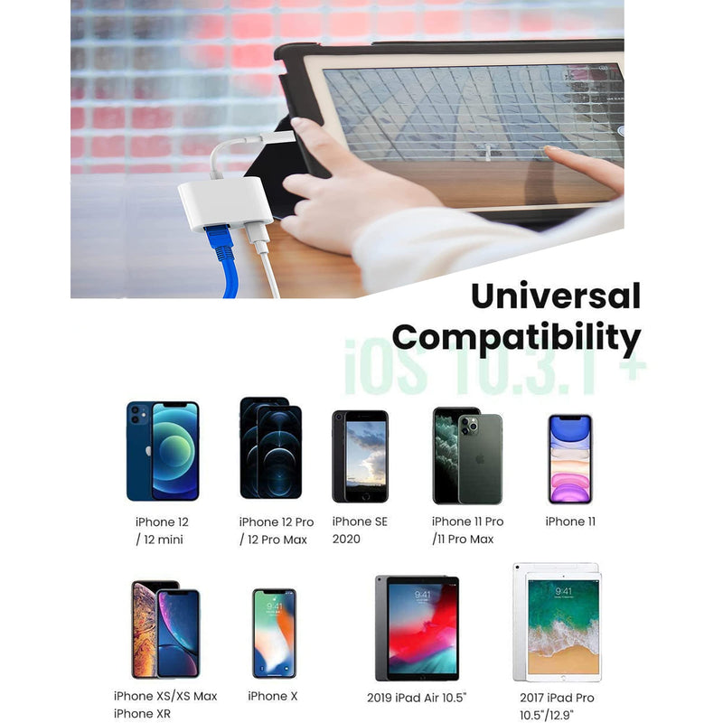 [Australia - AusPower] - [Apple MFi Certified] Lightning to RJ45 Ethernet Adapter, 2 in 1 Ethernet LAN Network Adapter with Charge Port Compatible with iPhone 14 13 12 11/iPad,100Mbps,Plug and Play, Support All iOS 