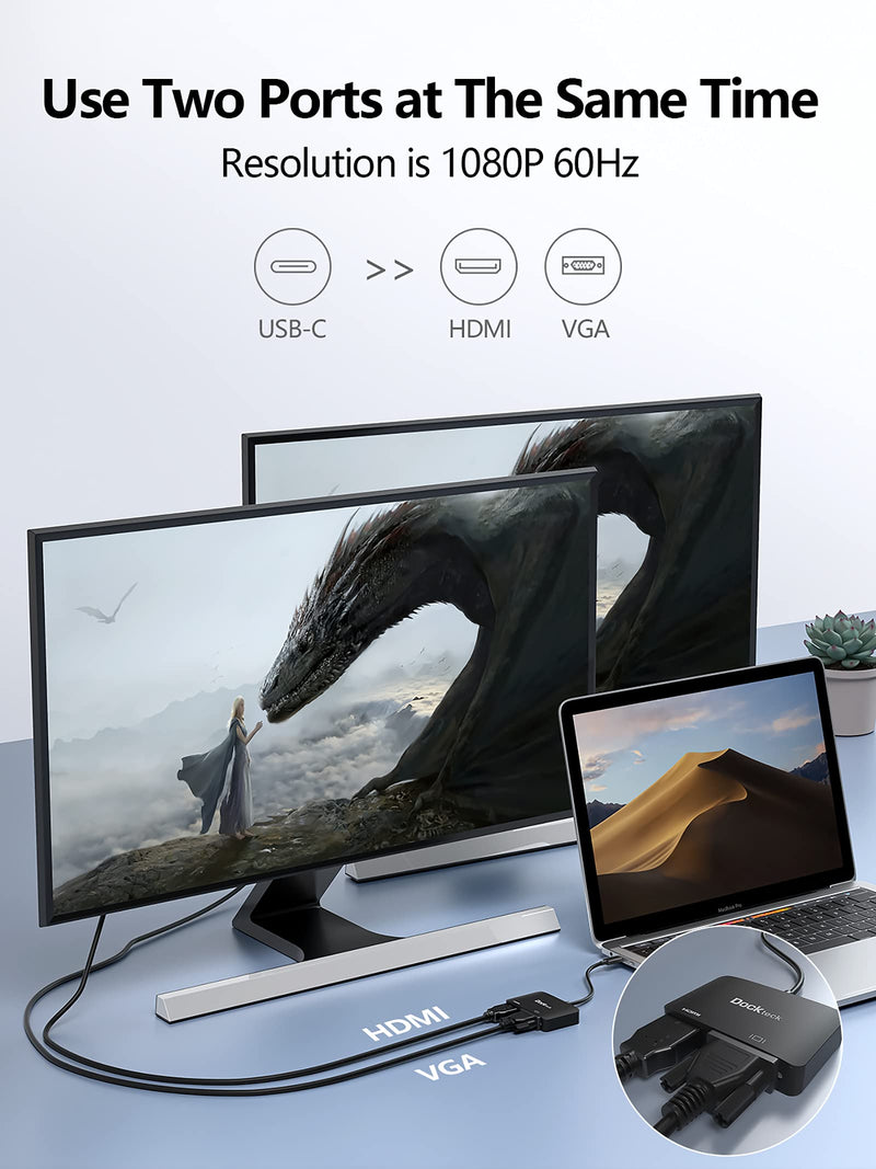 [Australia - AusPower] - USB C Video Adapter, Type C HDMI VGA Adapter 4K@60Hz, USB C VGA Adapter 1080P, Dockteck USB-C VGA Splitter for MacBook Pro/Air, iPad Pro/Air, Chromebook, Surface Pro/Go, Dell Xps, Pixelbook, Galaxy Black-4K@60Hz 