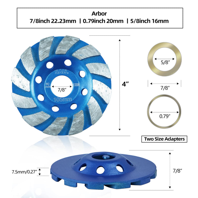 [Australia - AusPower] - SALI Diamond Concrete Grinding Wheel 4 inch for Polishing and Cleaning Stone Concrete Surface, Cement, Marble, Rock, Granite, and Thinset Removing, Angle Grinder Segment Diamond Wheels Cup 105*22.2MM 4in Segment Diamond Grinding Wheel 