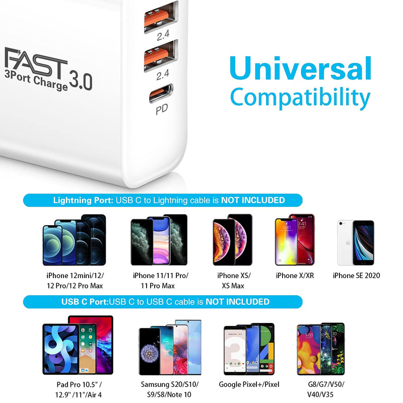 [Australia - AusPower] - USB C Charger 2Pack, iSeekerKit 30W 3-Ports Fast Type C Wall Charger with PD 3.0 + 5V/2.4A Foldable USB Block Plug Compatible for iPhone 13/12/ Mini/Pro Max/11/11 Pro Max/Samsung Galaxy/Pixel-White White White 