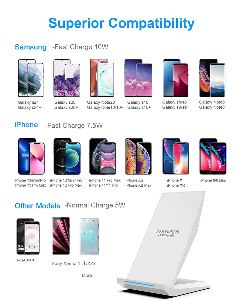 [Australia - AusPower] - NANAMI Fast Wireless Charger - Qi Certified Charging Stand 7.5W Compatible iPhone 13/12/SE 2020/11/XS Max/XR/X/8, 10W for Samsung Galaxy S21 S20+ S10 S9 S8 Note 20 Ultra/10/9/8 and Qi-Enabled Phones Elegant White 