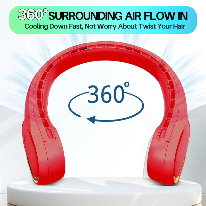 [Australia - AusPower] - Portable Neck Fan, Personal Bladeless Neck Fans 4000mAh, Upgrade 360° Airflow, Super Quiet, 3 Speeds, USB Wearable Hands Free Fan Rechargeable, Battery Operated Cooling Fan for Indoor Outdoor Travel Red 