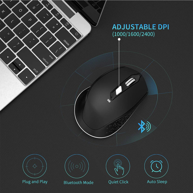 [Australia - AusPower] - Seenda Wireless Mouse, Ultra Quiet Dual Mode Wireless Mouse(BT 4.0+USB) Compatible with Laptop Mac Surface Chromebook,Long Battery Life,1000/1600/2400 DPI, Black BT Wireless Mouse, Black 
