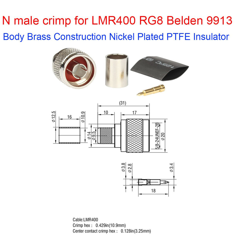 [Australia - AusPower] - N Connectos Male Crimp Rf Coaxial Connector 50 ohm for LMR400 Belden 9913 RG8 Pack of 5 Piece 