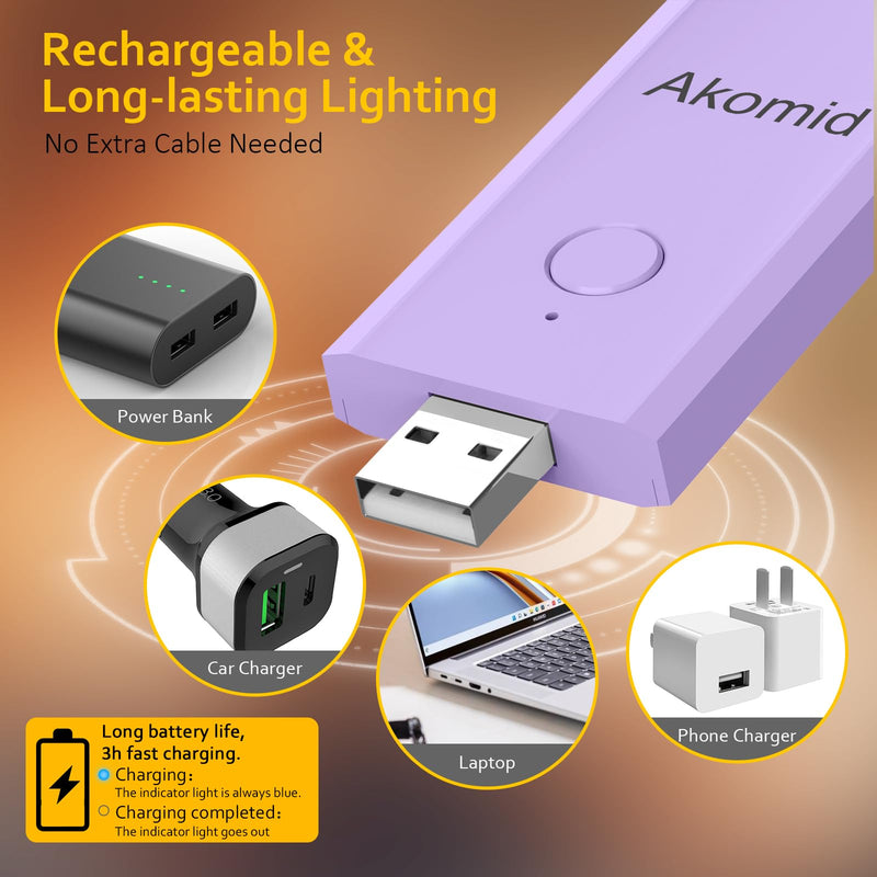 [Australia - AusPower] - Akomid Book Light, USB Rechargeable Reading Light, Eye-Cared Amber Light Mode Book Light for Reading in Bed Kids, 8 LEDs Bookmark Portable Book Light Clip on, Stepless Dimming, Purple 