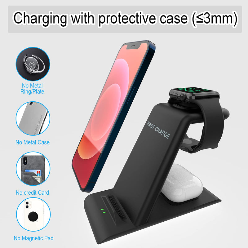 [Australia - AusPower] - Wireless Charging Station for Apple Products 3 in 1 Wireless Charger Stand Compatible with Apple Watch 7 SE 6 5 4 3 2 AirPods 3/Pro iPhone 13 12 11 Pro Max/X/XS Multiple Devices Wireless Charger Dock Black 