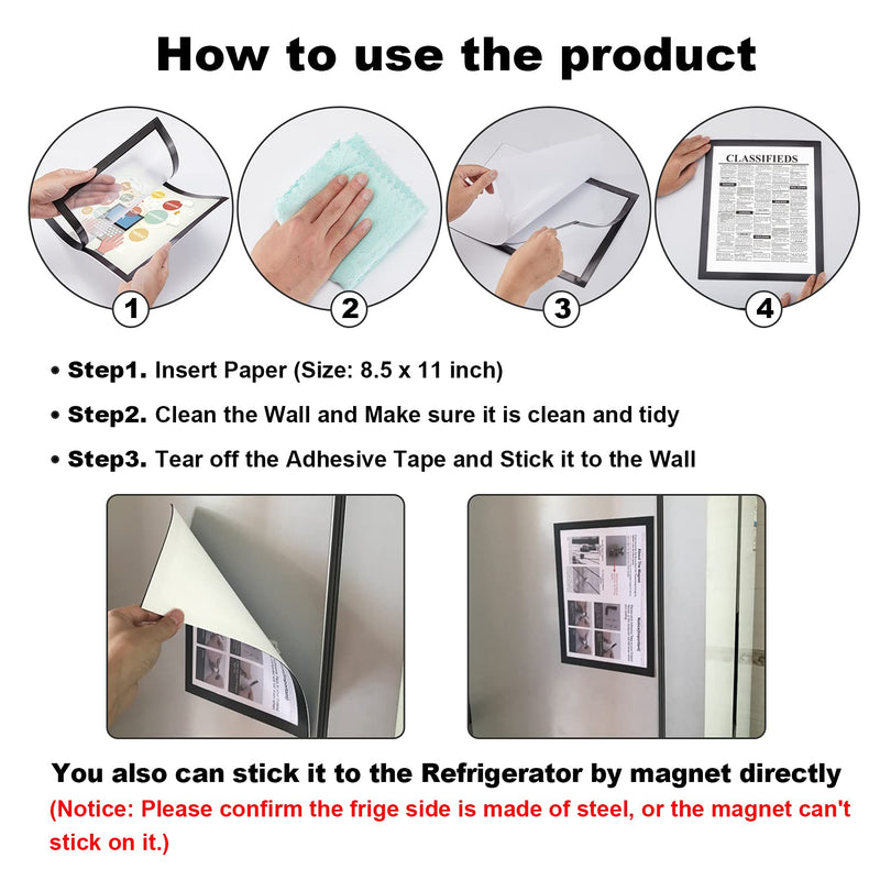 [Australia - AusPower] - Nellvita 4Pcs Magnetic Signs Holder, for 8.5" x 11" Letter, Durable PVC Magnetic Document Holder, Magnetic Picture Poster Frame, Can Self-Adhesive Wall/ Door/ Window or Magnetic for Refrigerator Black 4 Pcs 
