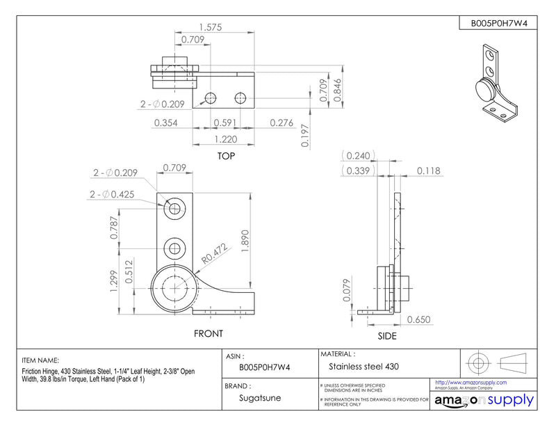 [Australia - AusPower] - Friction Torque Hinge, 430 Stainless Steel, 1-7/8” LEAF HEIGHT, 3-1/2” OPEN WIDTH , 39.8 IN-LBS/in Torque, Left Hand (Pack of 1) 