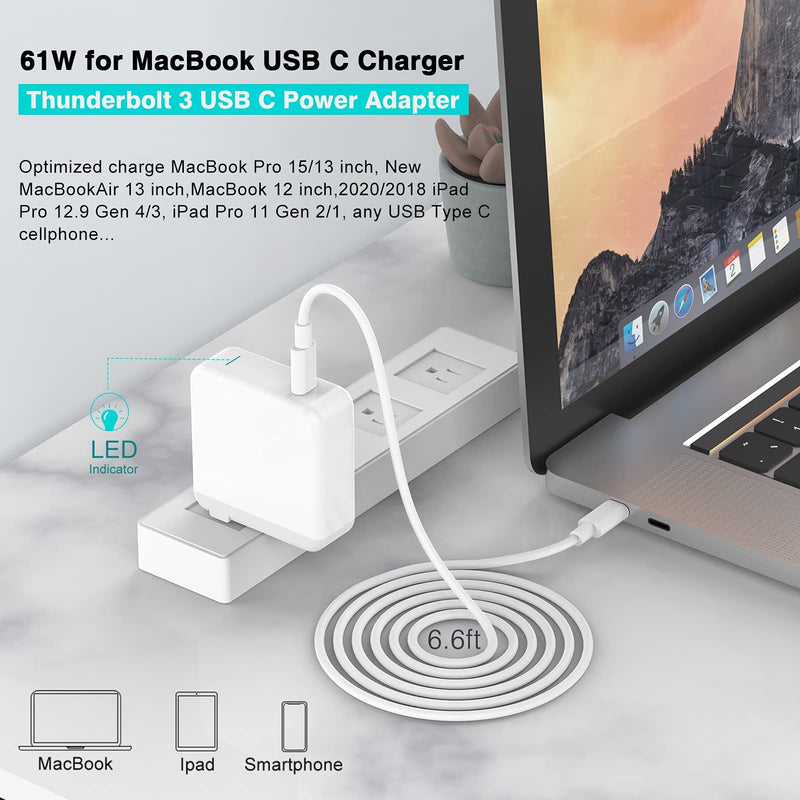 [Australia - AusPower] - SZPOWER 61W USB C Charger Power Adapter Compatible with MacBook Pro 13, 15 inch, USBC New Air 13 inch 2020, 2019, 2018, 12 inch, Thunderbolt 3 Laptop Power Supply Type C, LED, 6.6ft USB C to C Cord 
