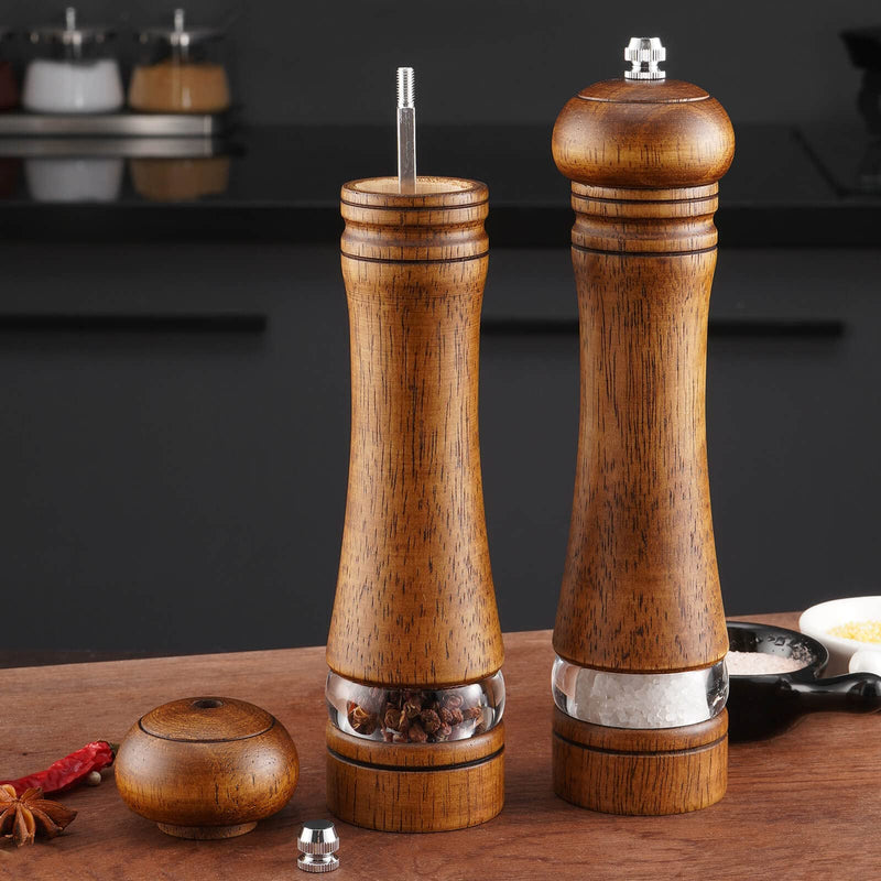 [Australia - AusPower] - 2-Piece Salt and Pepper Grinder Set, 8 Inch Wooden Salt and Pepper Mills with Adjustable Coarseness, Refillable Manual Pepper Mill Grinder for Home Cooks (Brown) 