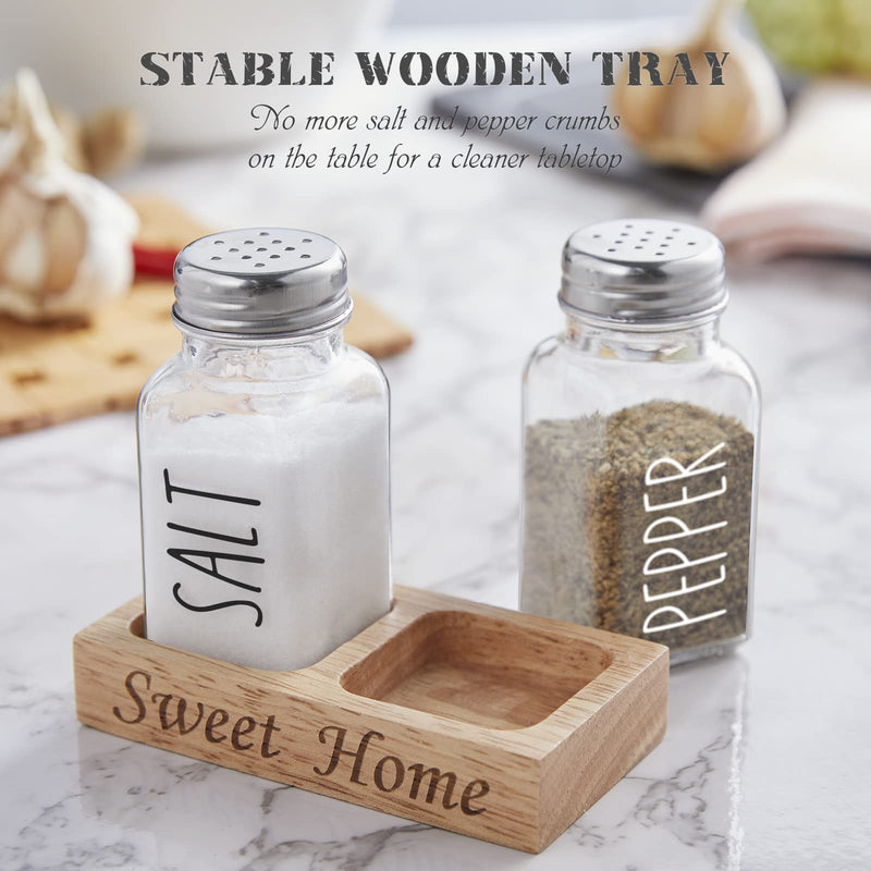 [Australia - AusPower] - Farmhouse Salt and Pepper Shakers with Holder - Dopeca Glass Salt and Pepper Set with Wood Tray for Kitchen Counter or Table - Farmhouse Rustic Kitchen Decor and Gifts - Easy Refilling-2.7 oz Clear 