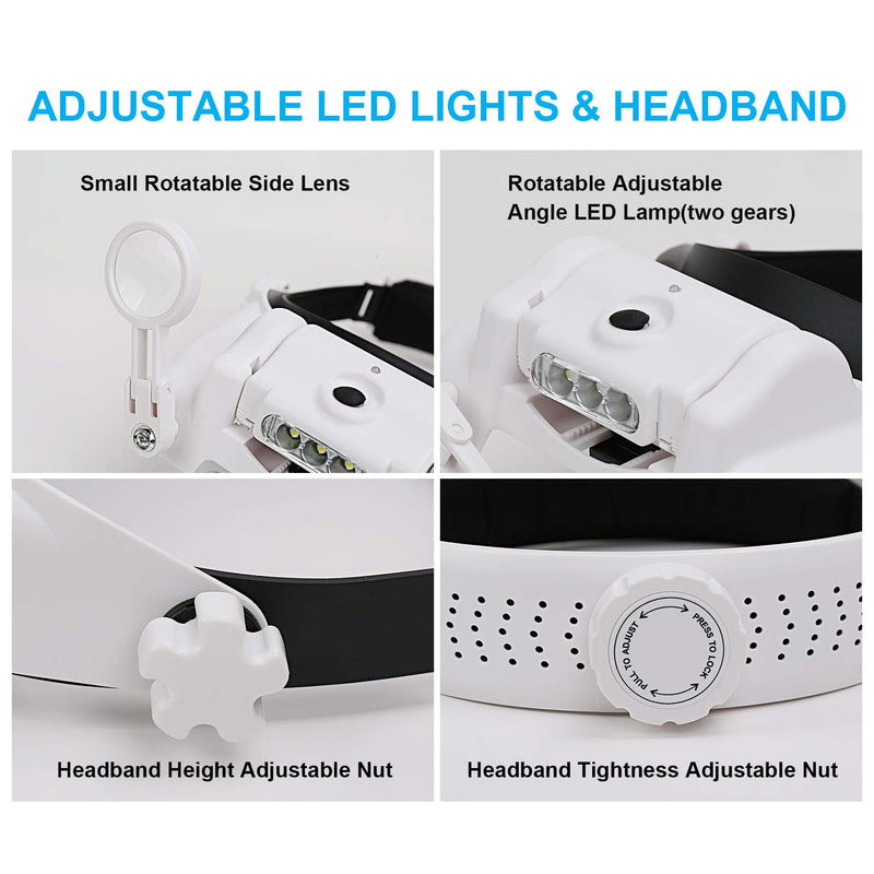 [Australia - AusPower] - Dilzekui Head Mount Magnifier with LED Light, Rechargeable Headband Magnifier, Head-Mounted Magnifying Glass with 6 Detachable Lens, Handsfree Magnifying Glasses for Jewelers Loupe, Crafts, Repair 