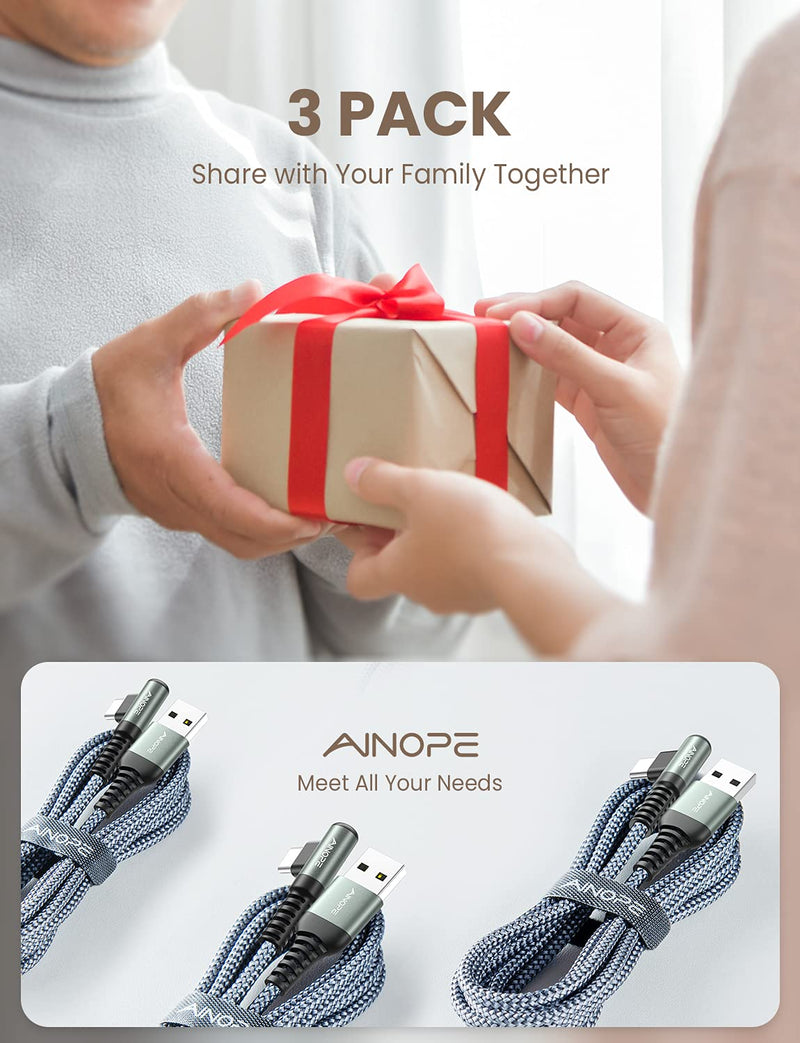 [Australia - AusPower] - Type C Cable [3-Pack, 6.6FT] Right Angle, AINOPE 3.1A USB Type C Cable Fast Charging, Nylon Braided Type C Charging Cable Fast Charger Compatible with Samsung Galaxy S10 S9 S8 S20 Plus, Note 10 9 8 6.6ft/6.6ft/6.6ft Grey 