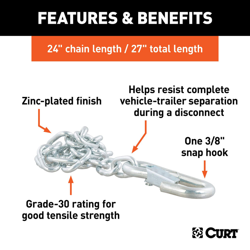 [Australia - AusPower] - CURT 80312 27-Inch Trailer Safety Chain with 3/8-In Snap Hook, 2,000 lbs Break Strength 