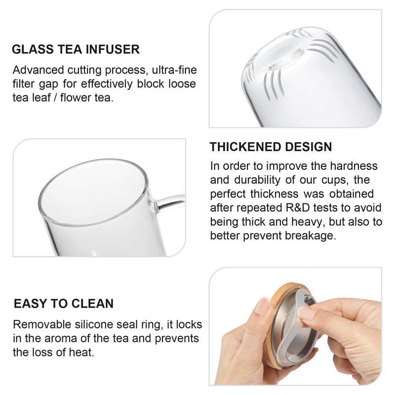 [Australia - AusPower] - Lezero Glass Tea Infuser Cups with Removable Strainer and Bamboo Lid, Borosilicate Glass Tea Mugs for Blooming Tea & Loose Leaf Tea, Microwave & Dishwasher Safe, LEAD-FREE, 15oz/450ml 