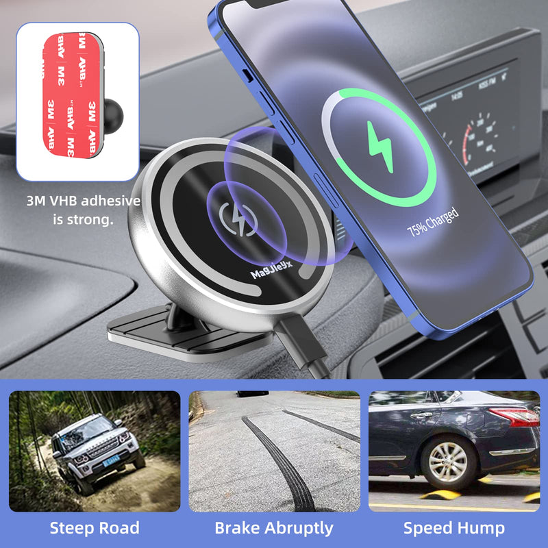 [Australia - AusPower] - Magnetic Wireless Car Charger Mount Stick On Car Dashboard for MagSafe iPhone 13/13 Pro/ 13 Pro Max/ 13 Mini/iPhone12/12 Pro/ 12 Pro Max/12 Mini, and Air Vent Car Phone Holder (Silver) Sliver 