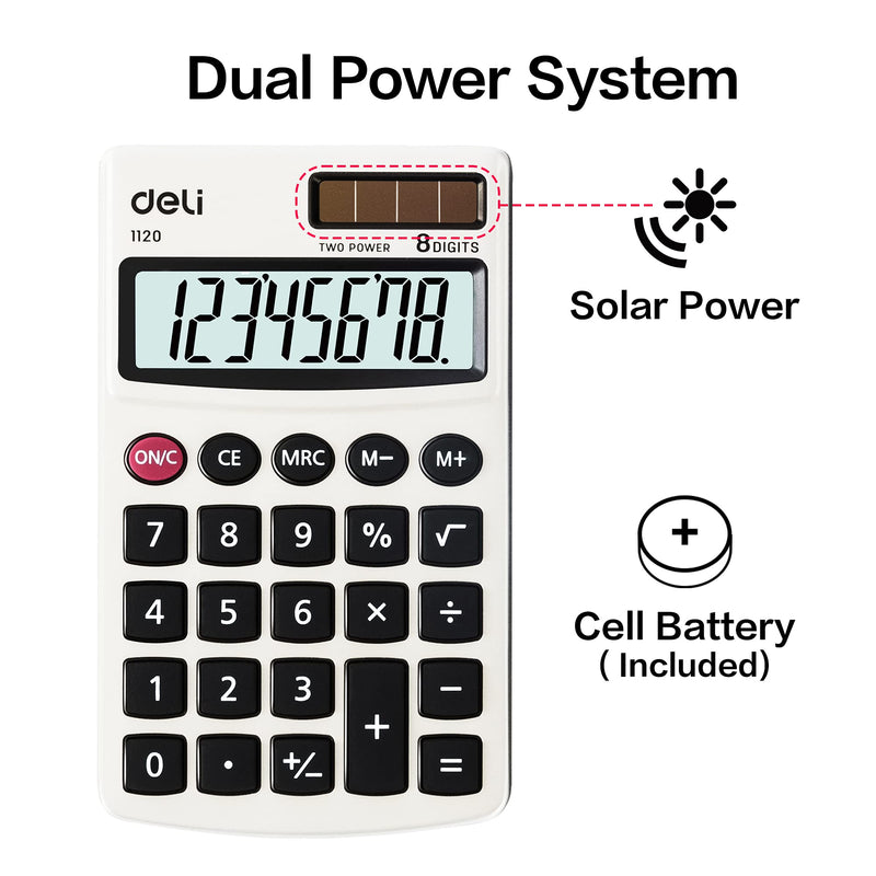 [Australia - AusPower] - Calculator, Deli Standard Function Basic Calculators, Solar Battery Dual Power Office Calculator with Cover, Metal Panel 1 Pack 