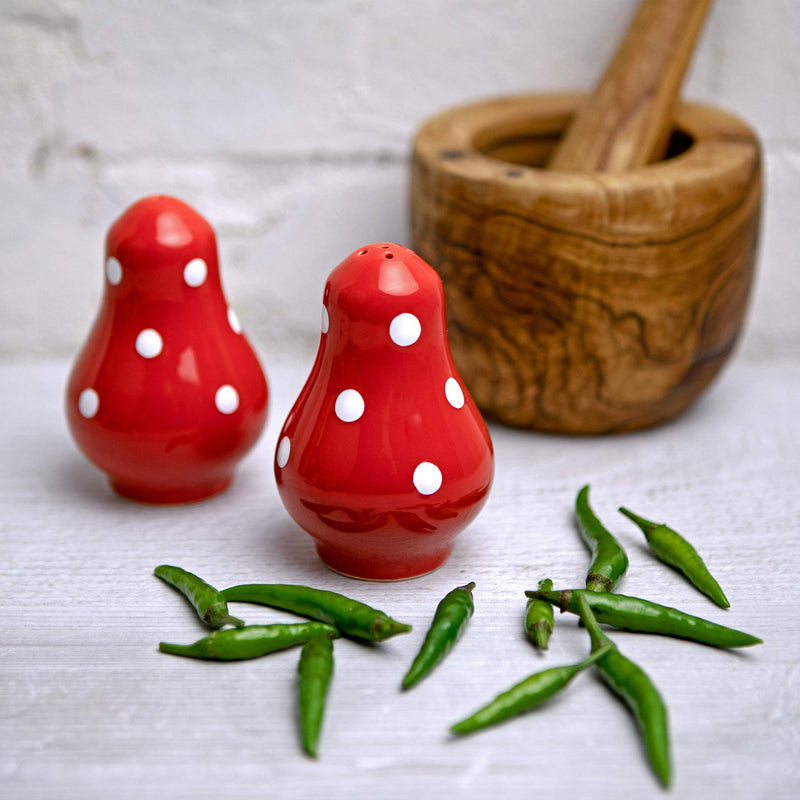 [Australia - AusPower] - Handmade Red and White Polka Dot Ceramic Salt and Pepper Pots, Shakers, Cruet Set, Holder, Housewarming Gift by City to Cottage® 
