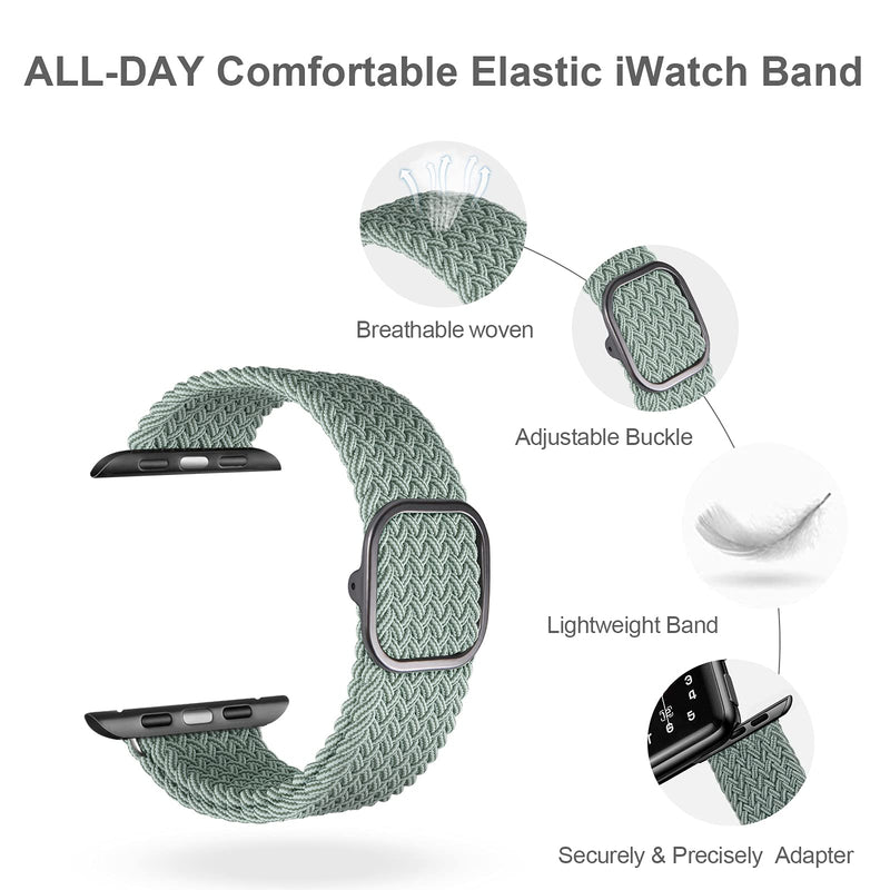 [Australia - AusPower] - VEESIMI Braided Elastic Watch Band Suit for Apple Watch Band 38mm 40mm 41mm 42mm 44mm 45mm, Stretchy Strap with Adjustable Buckle, Fit for iWatch Series 7/6/5/4/3/2/1 SE Women Men gifts Green Mix White 38mm/40mm/41mm 