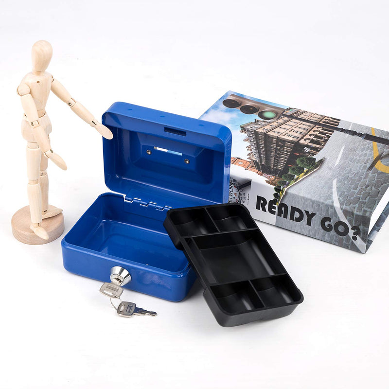 [Australia - AusPower] - Cash Box with Lock and Slot for Kids Small Cash Box with Money Tray Metal Piggy Bank Safe Box 4.9" x 3.7" x 2.4" Blue X-Small Blue With Coin Slot 
