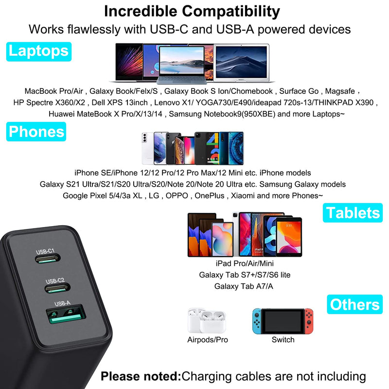 [Australia - AusPower] - USB C Charger,65W Type C QC 3.0 Fast Charging Block,GaN 3-Port Charger Adapter Foldable Wall Charger Plug for Laptops,MacBook Pro/Air,iPad,iPhone 12/11/Pro/Max/Mini,Samsung Galaxy S21 and More-Burflo 