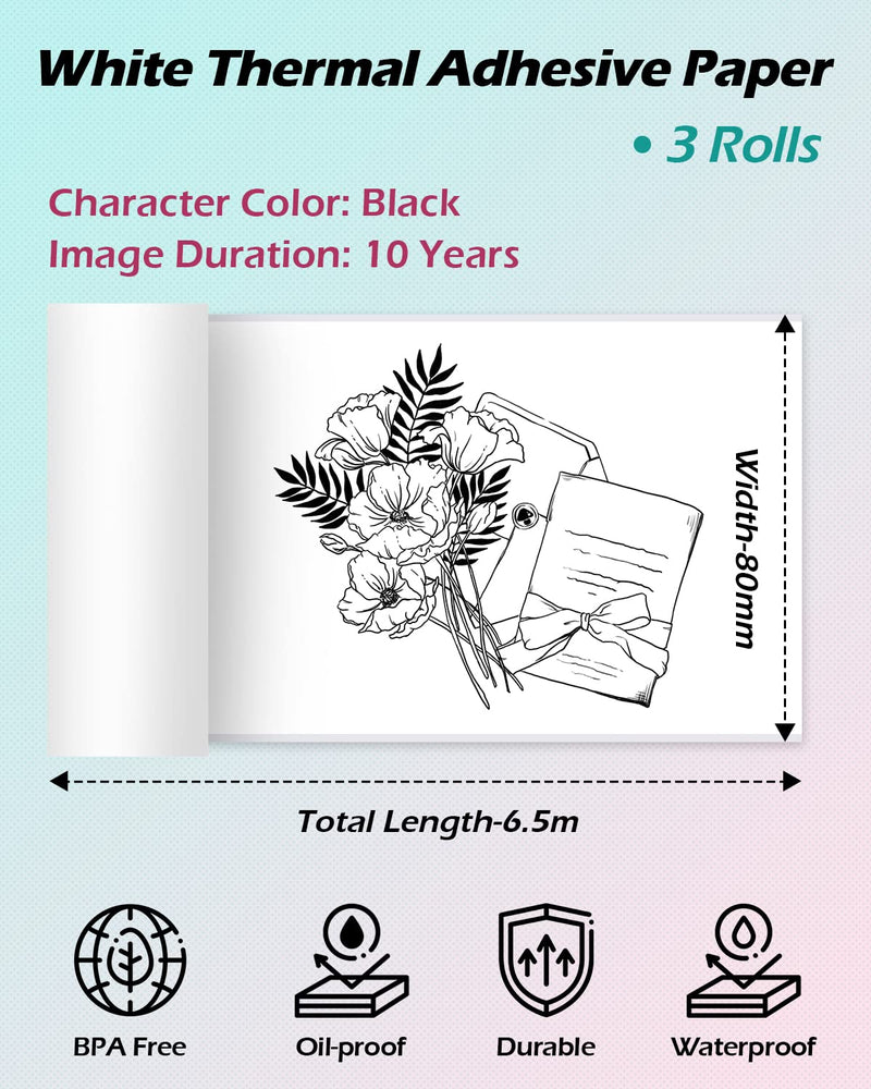 [Australia - AusPower] - Phomemo Non-Adhesive 80mm Width Thermal Paper Printer Paper, Compatible With Phomemo M03/M03AS/M04S Sticky Note Printer, Black on White, 3 Rolls, Suitable For Notes, List, Photo 