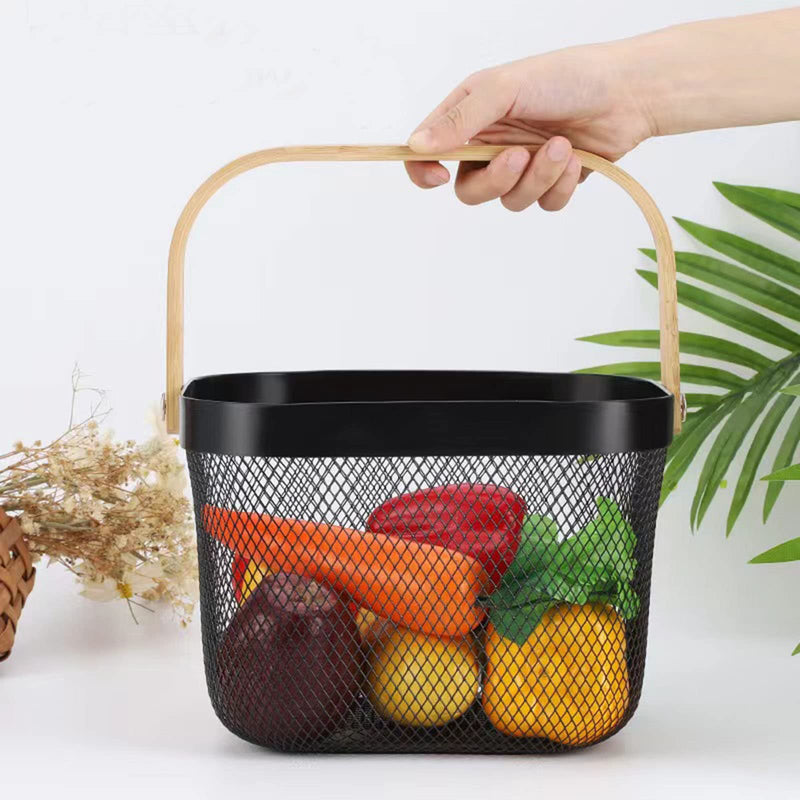 [Australia - AusPower] - AJIODA Metal Mesh Steel Basket, Storage Organizer Basket Multi-functional Hanging Kitchen Baskets Fruit Basket Bin with Bamboo Handle for Kitchen Bathroom Picnic Shopping Decor Cabinet Home, Black 