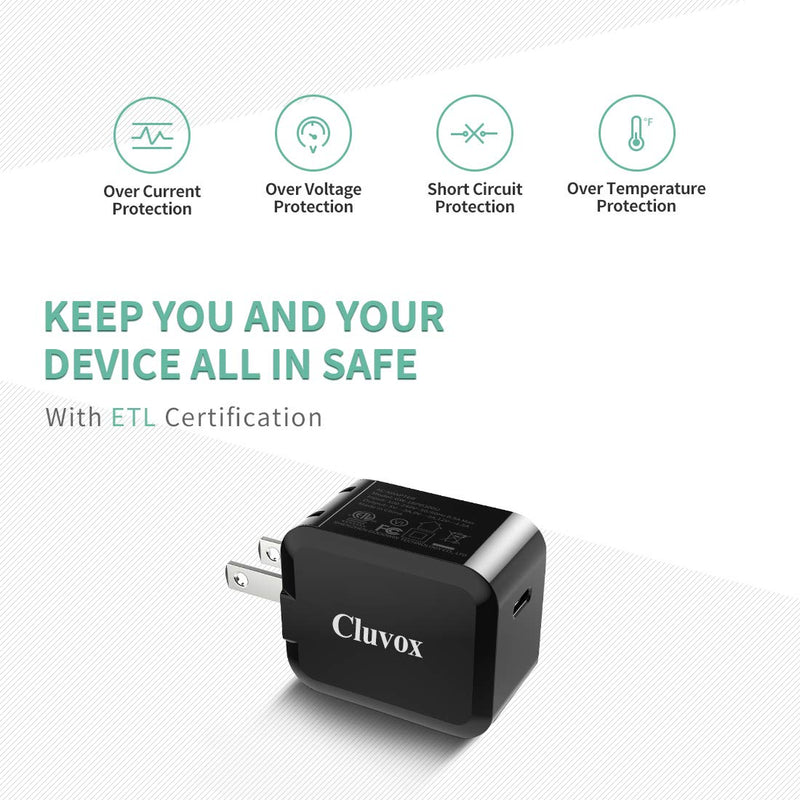 [Australia - AusPower] - Cluvox Fast USB C Wall Charger with Foldable Plug Compatible for iPhone 13/12/11/Pro/Max/XS Max/XR/X/8/Plus, iPad 8th Gen/Mini/Air/SE 2020, 20W Rapid PD Phone Charger& 3.3ft MFi Certified Nylon Cable 
