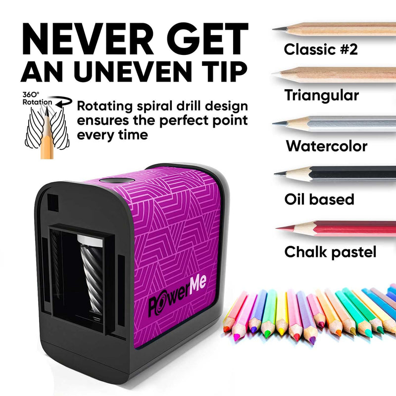 [Australia - AusPower] - POWERME Electric Pencil Sharpener - Pencil Sharpener Battery Powered for Kids, School, Home, Office, Classroom, Artists  Battery Operated Pencil Sharpener for Colored Pencils (Purple) Purple 