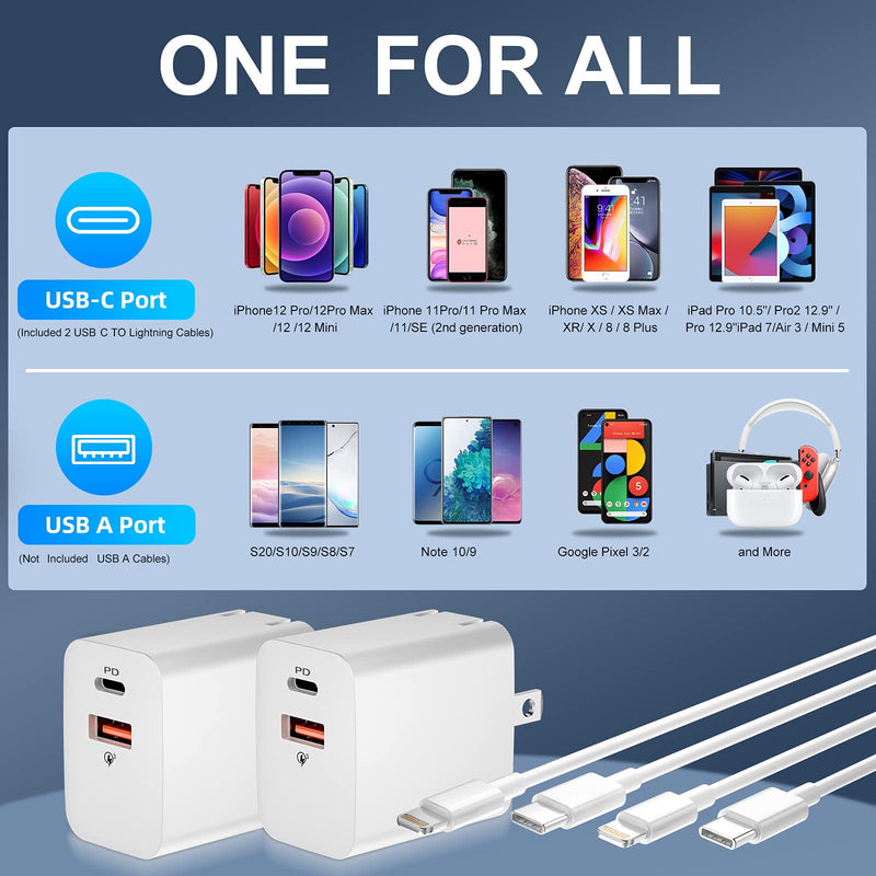 [Australia - AusPower] - [MFi Certified] Compatible iPhone 12 13 Fast Charger 2 Pack, 20W Dual Port USB C Charger Block PD/QC3.0 Fast Charging Adapter with 6ft USB C to Lightning Cable Compatible for iPhone 13 Pro Max/12/11 20W Dual Port Charger with Cable 