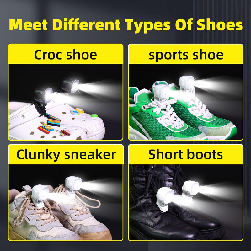 [Australia - AusPower] - 2 Pcs Rechargable Headlights for Croc, Outdoor Waterproof LED Flashlight for Shoes, Clip on Crock Light Attachment Charm, Accessories for Camping, Walking, IPX6, 3 Light Modes, Last 20 Hours 